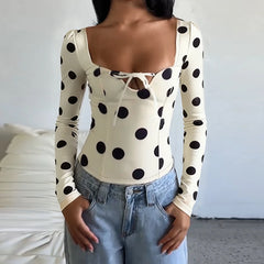 White Polka Dot Tie-up Front Long Sleeve Top