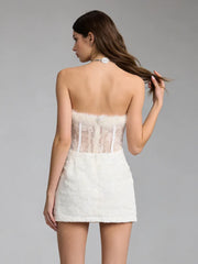White Sequin Strapless Feather Lace Mini Dress