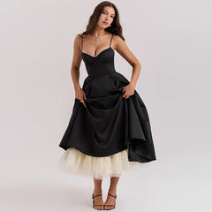 Satin Tulle Flare Strap Cupped Midi Dress