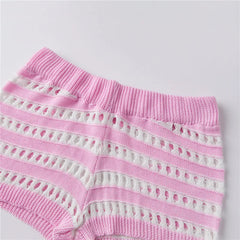 Striped Crochet Knit Short Sleeve Button Down Shirt and Shorts Hollow Out Set