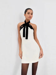 White Solid Black Bow Strap Mini Dress