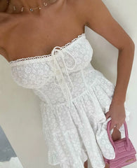 White Embroidery Lace Strapless Mini Dress