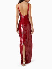 Red Deep V-Neck Sequin Long Dress