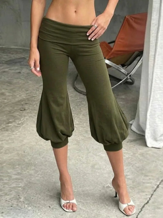 Solid Cuff Lantern Low Waist Cropped Pants