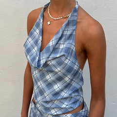 Plaid Cowl Neck Backless Crop Top