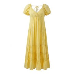 Lace Puff Sleeve V-Neck Back Tie Maxi Dress