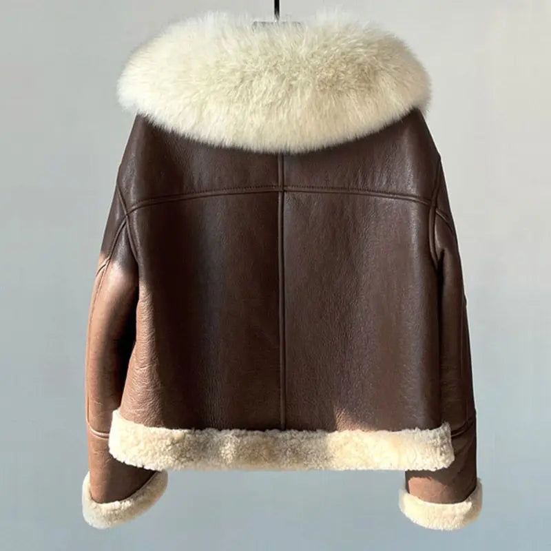 Fur Collar Brown Faux Leather Jacket