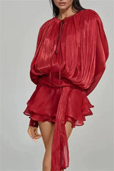 Red Chiffon Pleated Tie Up Full Sleeve Top And Mini Skirt Set