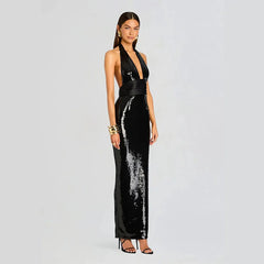 Black Sequin Halter V-Neck Pleated Satin Patchwork Maxi Dress