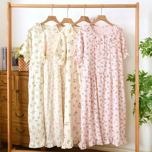 Cotton Floral Printed Short-sleeved Nightgown
