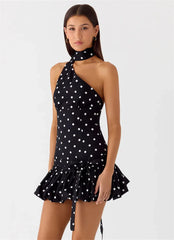 Black Polka Dot Wrap Around Puff Hem Mini Dress