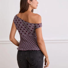 Off Shoulder Polka Dot Print Ruffle Hem Tank Top