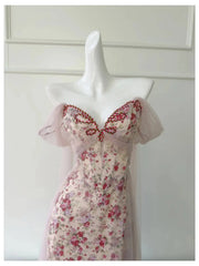 Pink Floral Off-the-Shoulder Mesh Drape Midi Dress