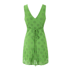 Green Embroidery Deep V neck Tie Bow Sashes Back Mini Dress