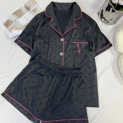 Satin Black V Embroidered Short Sleeve Top And Shorts Pj Set
