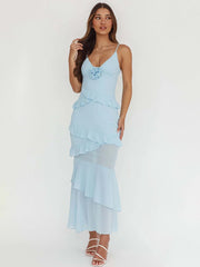 Spaghetti Strap 3D Rose V Neck Ruffle Maxi Dress