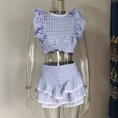 Plaid Ruffle Crop Top And Shorts Set