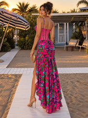 Pink Spaghetti Strap Floral Printed Split Long Dress