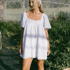 Square Neck Flutter Sleeve Eyelet Babydoll Mini Dress