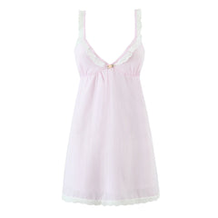 Pink Striped V neck Lace Strap Bow Mini Dress