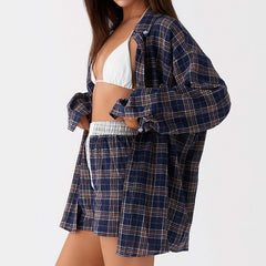 Plaid Button Down Long Sleeve Blouse And Shorts Set