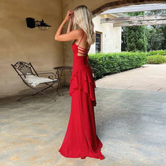 Red Ruffled Maxi Dress – Lace-Up Strappy Back