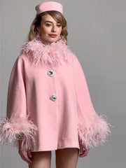 Feather Collar Cape Rhinestone Buttoned Coat