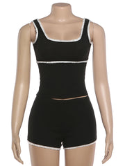 Black Tank Top With White Seam And Shorts Set