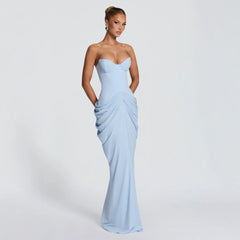 Pleated Waist Corset Strapless Lace Up Maxi Dress