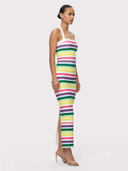 Halter Neck Colorful Striped Bandage Midi Dress