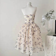 Strapless Floral Corset Fishbone Midi Dress