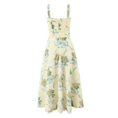 Yellow Floral Print Sweetheart Neckline Strap Midi Dress