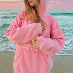 Women's floral letter embroidery hoodie with a loose fit and kangaroo pocket.

