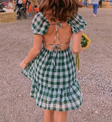 Lace Up Gingham Chiffon A-line Puff Sleeve Plaid Short Dress