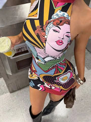 Pop Art Comic Print Halter Bodycon Mini Dress