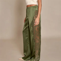 Satin Wide Leg Lace Patchwork Drawstring Pants