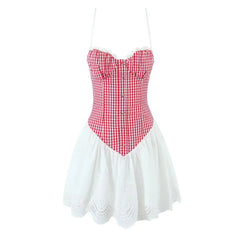 Plaid White Patchwork Eyelet Flare Sling Mini Dress