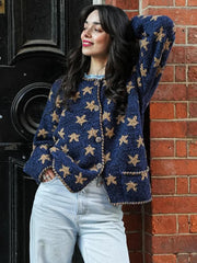 Crew Neck Star Print Knit Cardigan