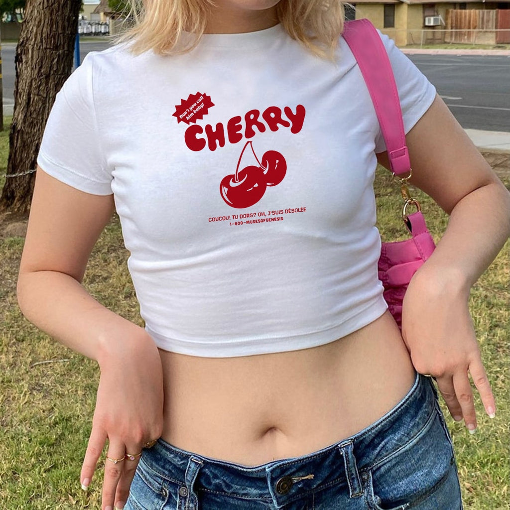 Cherry Red Letter Print White Tee