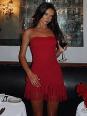 Red Strapless Ruffled  Mesh Mini Dress