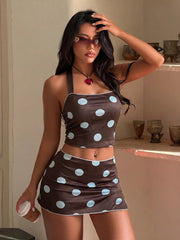 Polka Dot Reversible Halter Crop Top And Mini Skirt Set