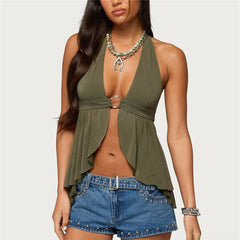 Deep O Ring Halter Front Slit Back Tie Top