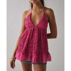 Lace-up Halter Deep V-Neck Smocked Top
