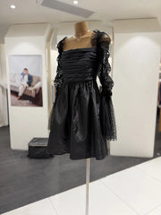 Black Satin Sheer Long Polka Dot Sleeves Mini Dress