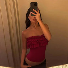 Red One Shoulder Ruffled Strapless Top