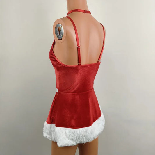 Red Velvet Santa Spaghetti Strap White Furry Hem Mini Dress