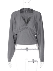 Grey Deep V-neck Batwing Sleeve Crop Top