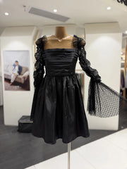 Black Satin Sheer Long Polka Dot Sleeves Mini Dress