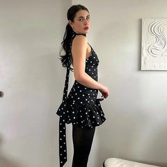 Black Polka Dot Wrap Around Puff Hem Mini Dress