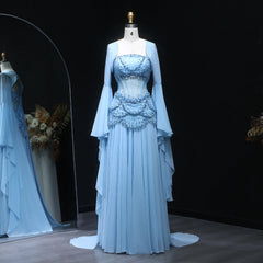 Cape Sleeve Chiffon Tiered Petals Sequined Pearl Embellished Gown